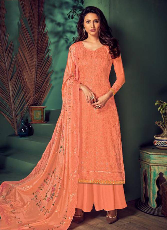 Gold Pure Georgette With Heavy Embroidery Lucknowi Work Plazzo Salwar Suit Collection 13501-13506